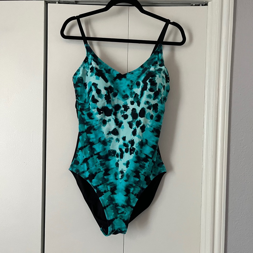 Sonnet Shores Womens Teal Black Abstract Print One Piece Swimsuit Size 16